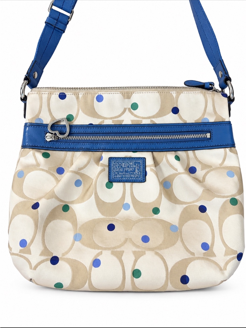 Coach 2013 Poppy Beige Signature Crossbody with Blue Trim and Multicolor Dots